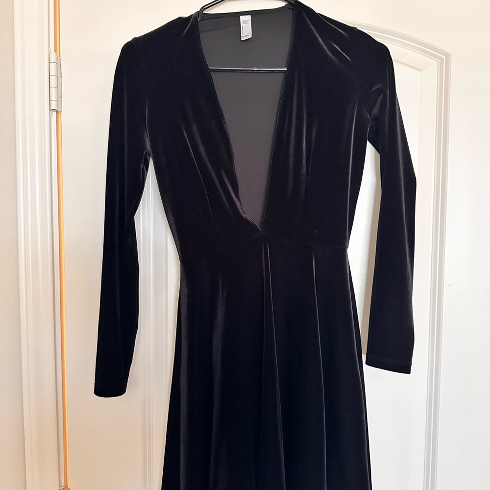 American Apparel Deep V Black Velvet Dress